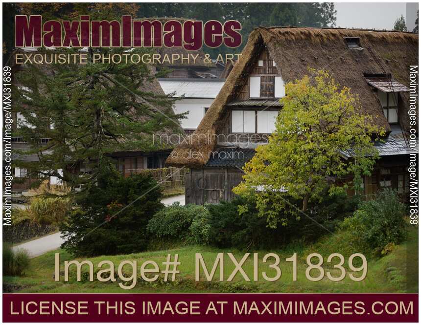 Historic Japanese Gassho-style thatched rural houses in Ainokura village Japan