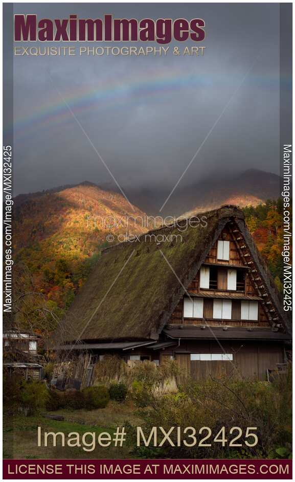 Historic Japanese house in a rural autumn scenery of Shirakawa-go village Japan