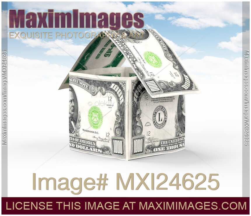 House made of thousand dollar bills under blue sky