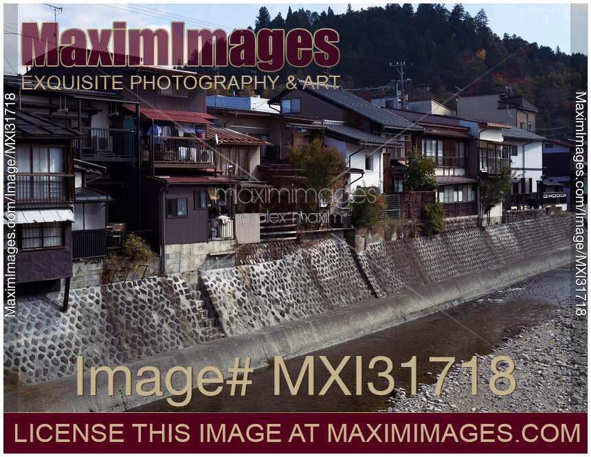 Houses on a bank of Miyagawa river in Hida-Takayama Japan