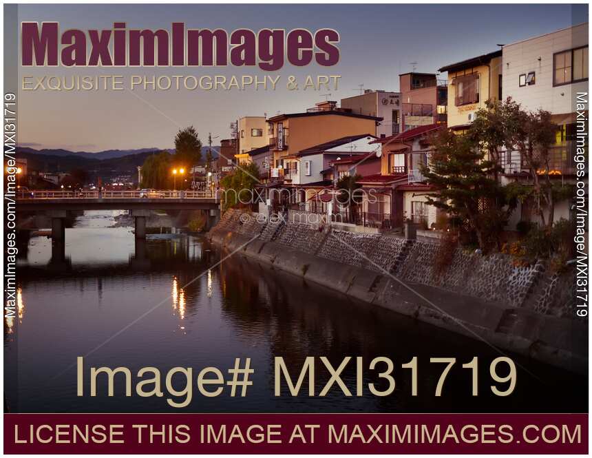Houses on a bank of Miyagawa river Takayama city Japan