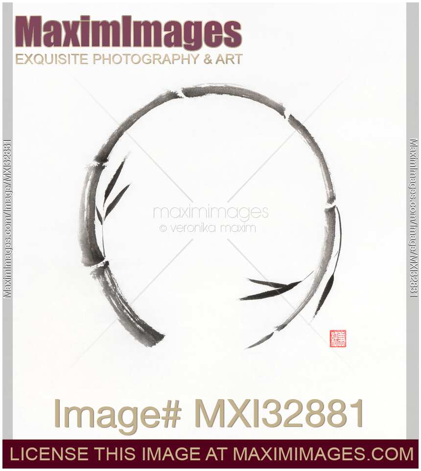 Iconic Zen sumi-e artwork of Enso circle in shape of bamboo stalk closing the