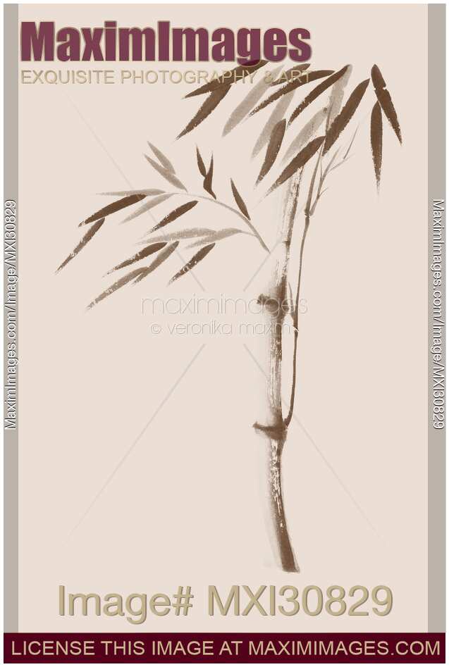 Illustration of a bamboo stalk with leaves in beige and brown Japanese Zen artwork