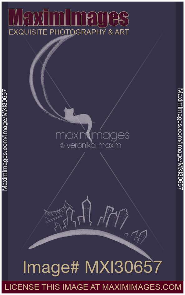 Illustration of a cat lying on the moon above New York city design in navy blue