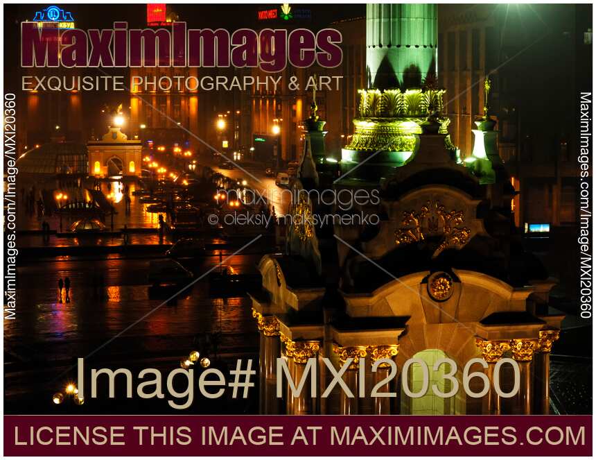 Independence square Maidan Nezalezhnosti in Kiev Ukraine at Night