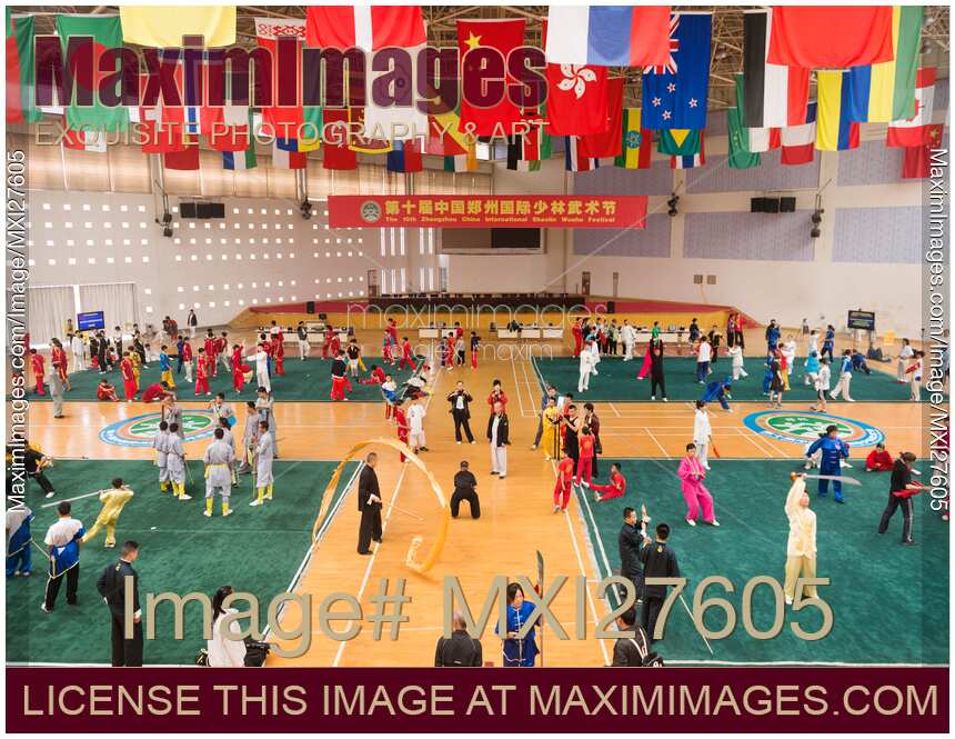 International martial artsts practicing on stage at Zhengzhou China Shaolin Wushu festival