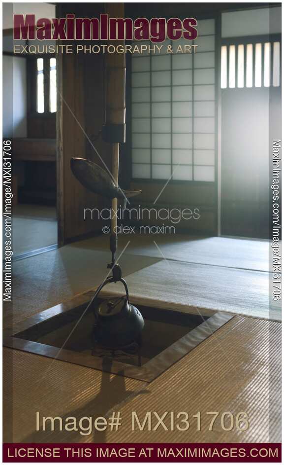 Irori Japanese traditional sunken hearth fire pit with a kettle Kama and a fish shaped lever