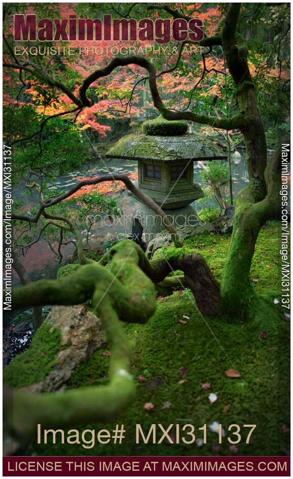 Ishidoro stone lantern at a Japanese pond garden