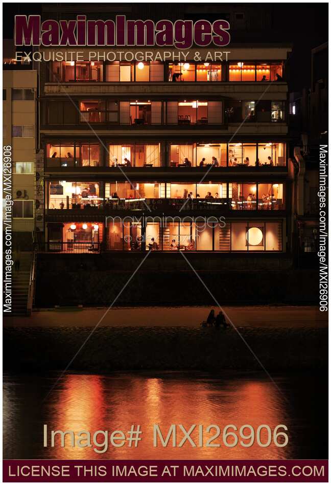Izumoya Japanese restaurant windows at night Pontocho Kyoto