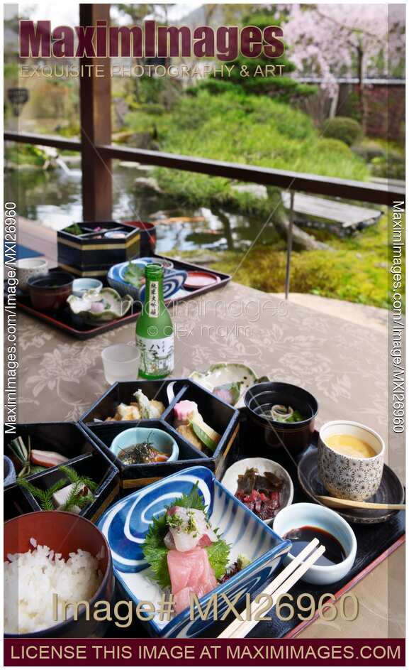 Japanese breakfast meal on a patio