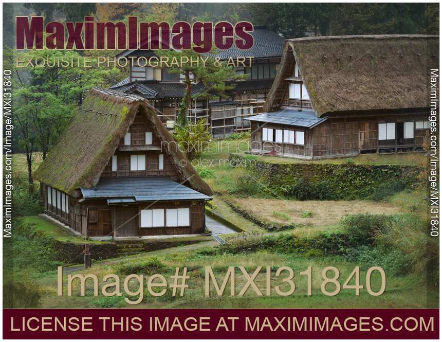 Japanese country scenery of historic Gassho-style thatched farm houses in Ainokura village
