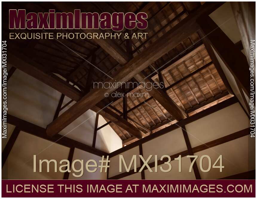 Japanese Edo period building architectural detail of wooden beams and joints construction