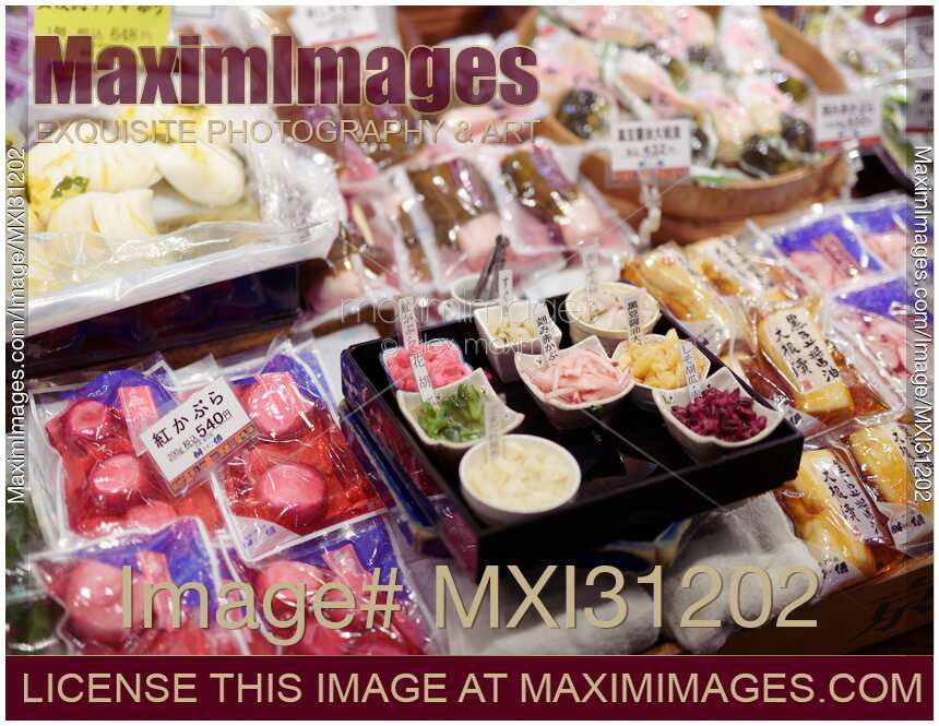 Japanese pickled vegetables at food market stall
