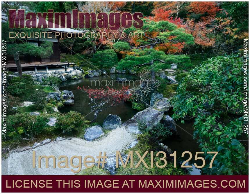 Japanese pond garden near Kannon-den hall of Jisho-ji Temple of the Silver Pavilion in autumn scenery