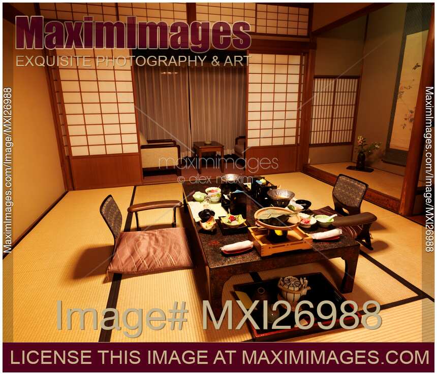 Japanese ryokan hotel room with served dinner