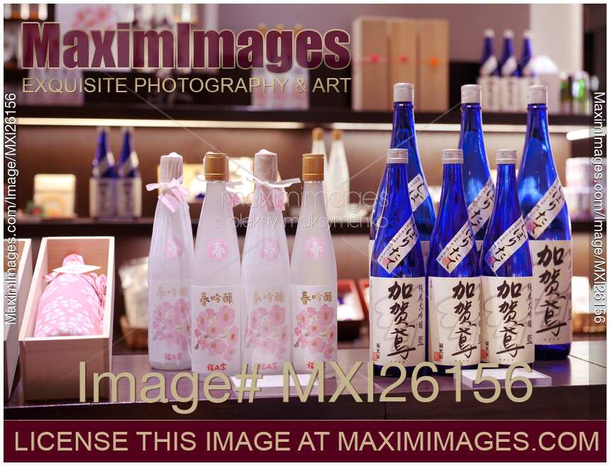 Japanese sake bottles in a store
