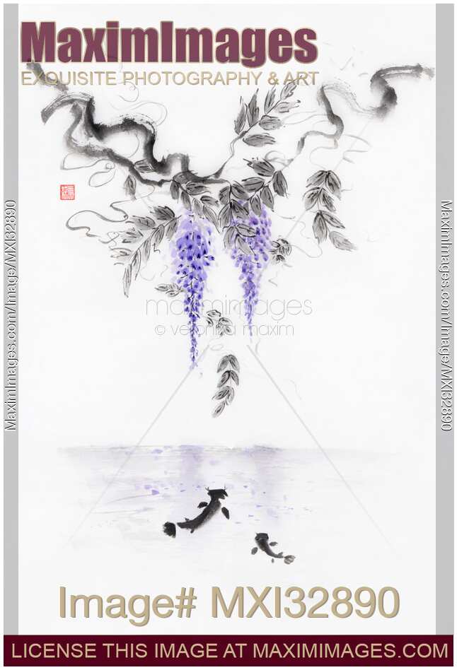 Japanese sumi-e Zen painting of two Koi fish and wisteria flowers
