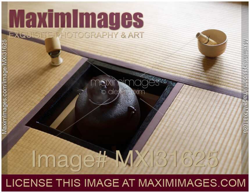 Japanese tea ceremony room still life of a kettle Kama and utensils on the tatami mats