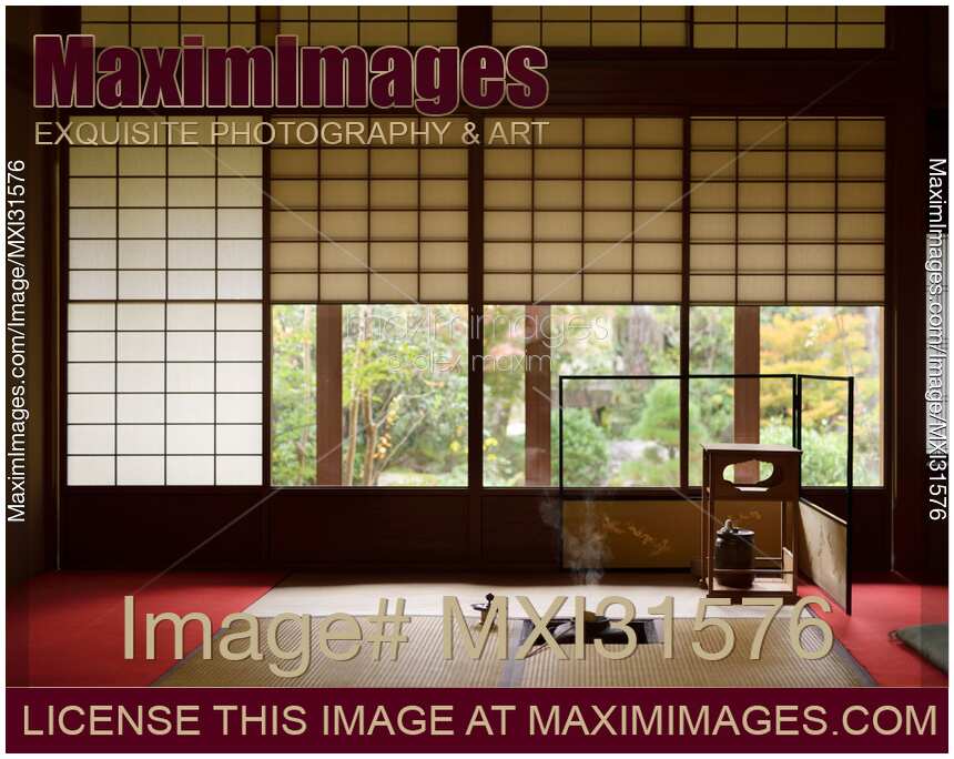Japanese tea ceremony room with a steaming iron kettle in a traditional tea house Ochaya