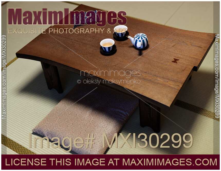 Japanese tea table Chabudai with tea on it in a traditional room of a Ryokan