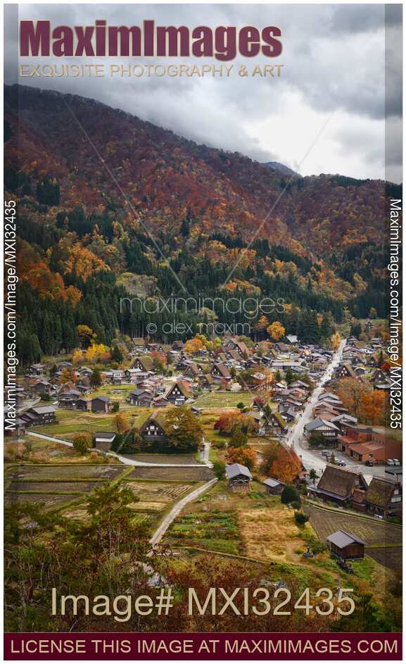 Japanese village Shirakawago in a dramatic autumn aerial scenery with mountains Shirakawa-go Japan