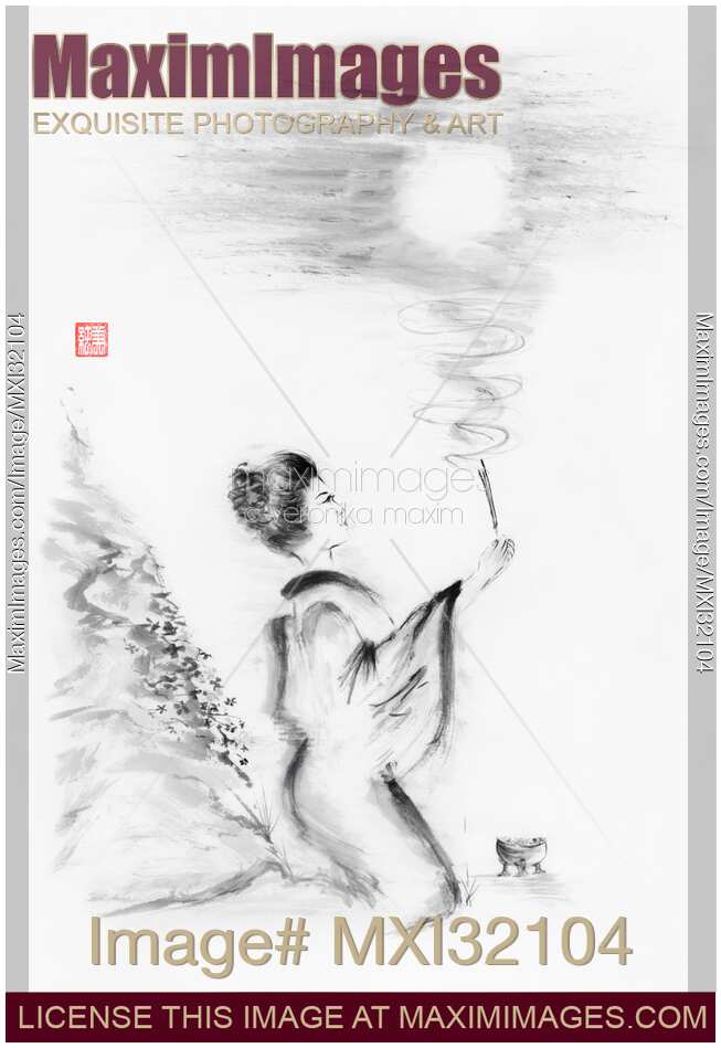 Japanese woman burning incense under full moon