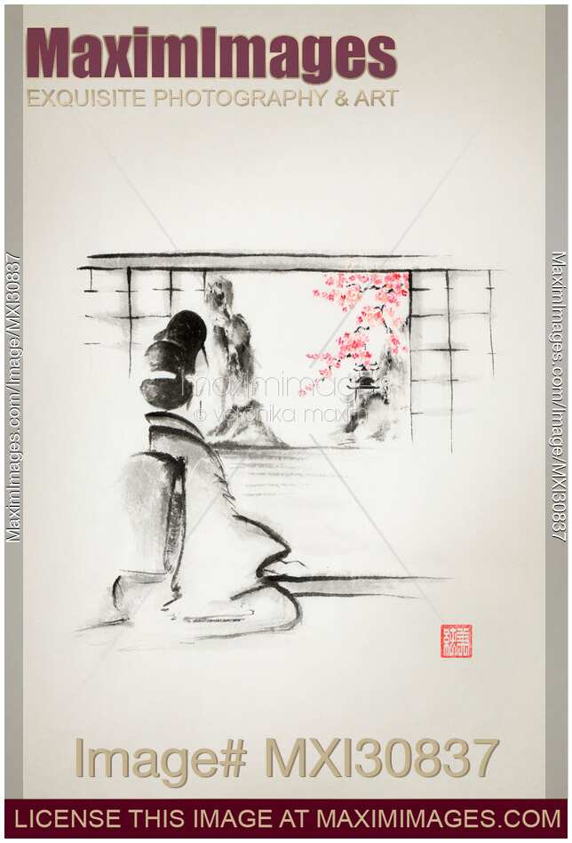 Japanese woman in kimono sitting in front of the open shoji Sumi-e painting on vintage rice paper