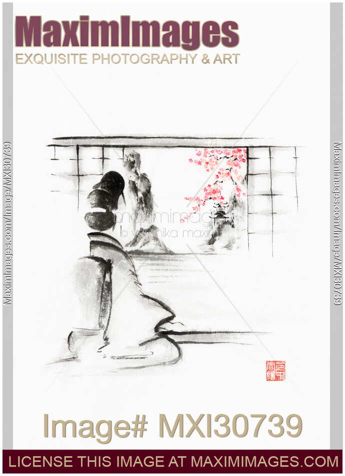 Japanese woman in kimono sitting in front of the open shoji Sumi-e painting on white rice paper