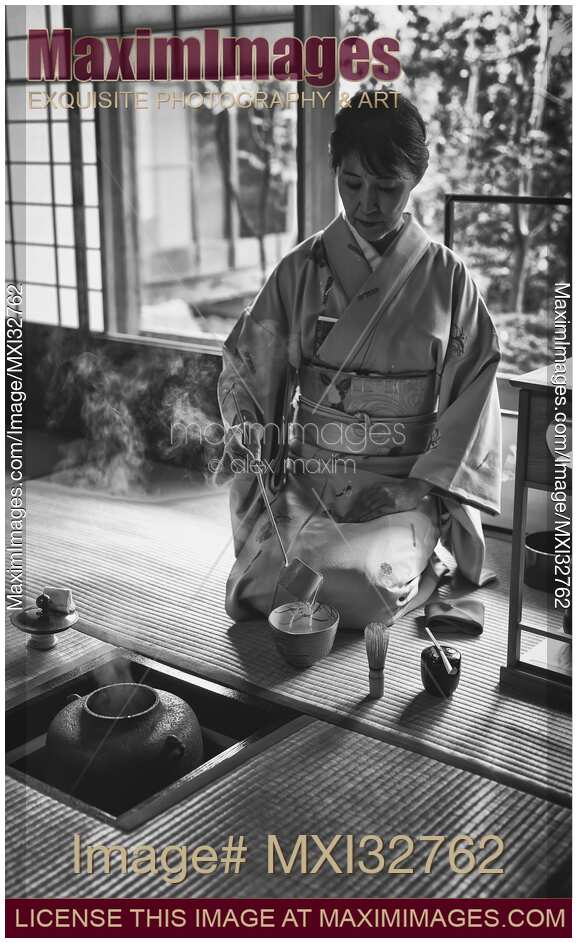 Japanese woman tea ceremony master making matcha in traditional tea house Ochaya Black and white portrait