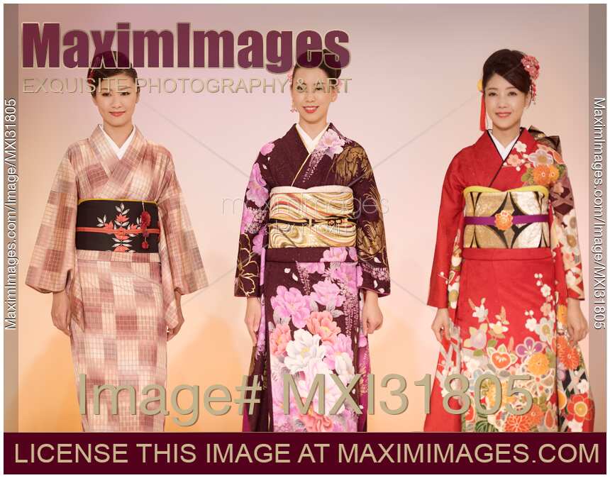 Japanese women in a colorful kimono at a fashion show