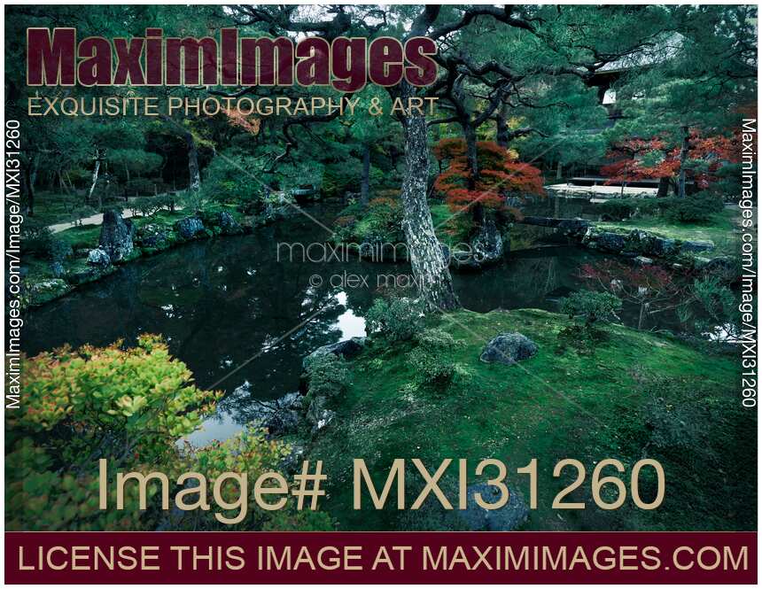 Japanese Zen garden with a pond at Ginkaku-ji Jisho-ji Temple in Kyoto