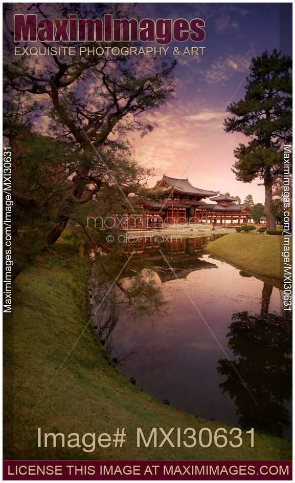 Jodo-shiki garden with a pond in front of the Phoenix Hall Byodoin Buddhist temple in Japan