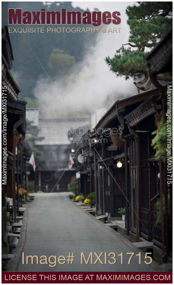 Kami-Sannomachi historic merchant town street in Hida-Takayama Japan misty morning scenery