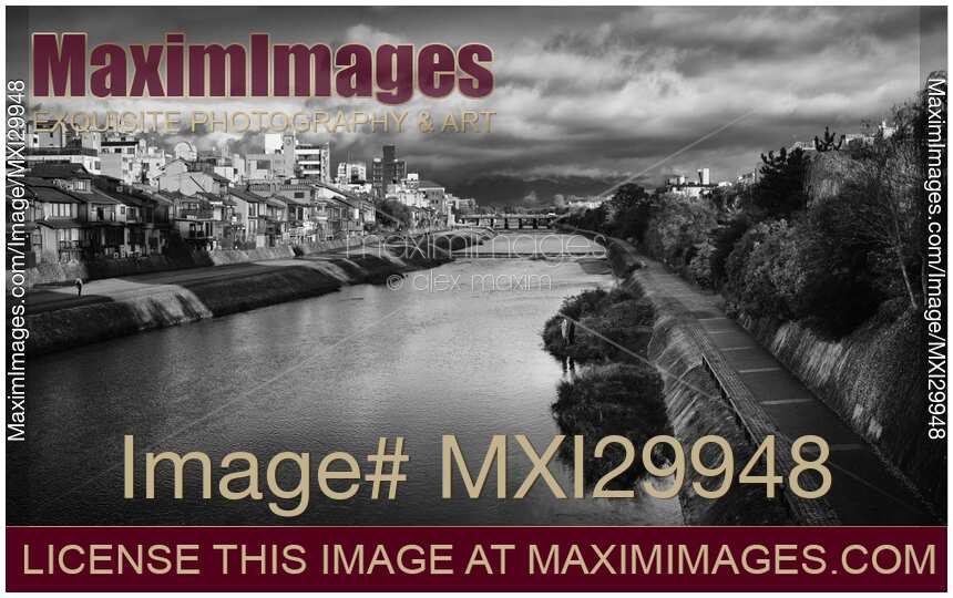 Kamo River Kamo-gawa black and white panorama in beautiful dramatic sunrise Kyoto