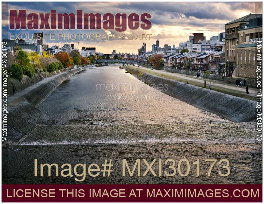 Kamo River Kamo-gawa in a beautiful sunset autumn scenery in Kyoto Japan