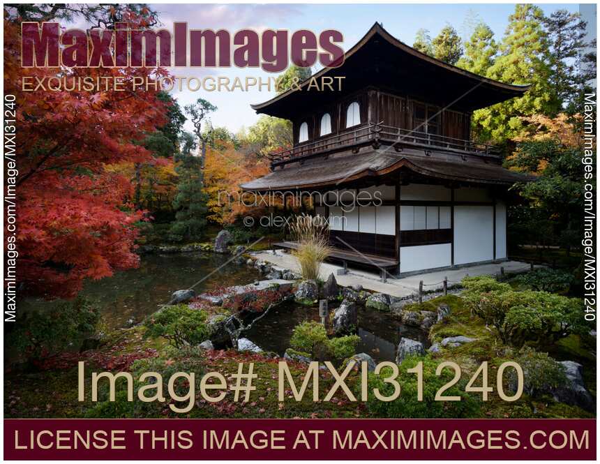 Kannon-den and Zen garden with a pond in autumn scenery of Ginkaku-ji Temple of the Silver Pavilion in Kyoto
