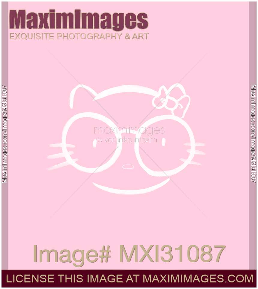 Kawaii kitty in large nerdy glasses on bright pink background