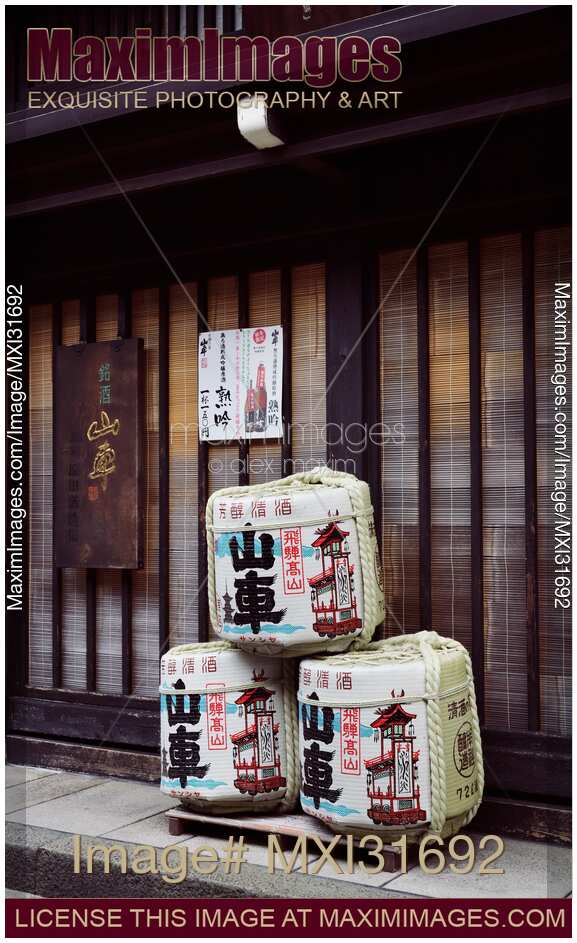Kazaridaru sake barrels outside a sake brewery shop in Takayama old town Japan