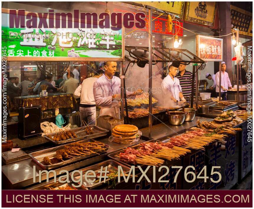 Kebab stand at Muslim food night market in Xian