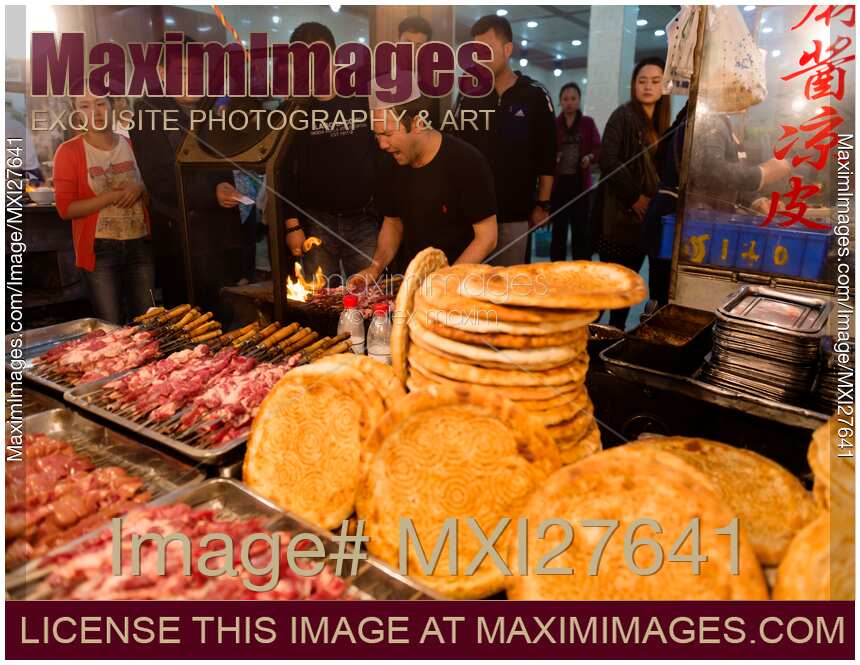 Kebabs and Nang bread at Muslim food night market in Xian