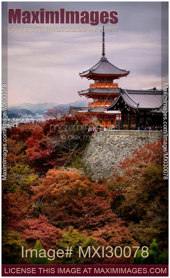 Kiyomizu-dera Sanjunoto pagoda in Kyoto in autumn sunset scenery