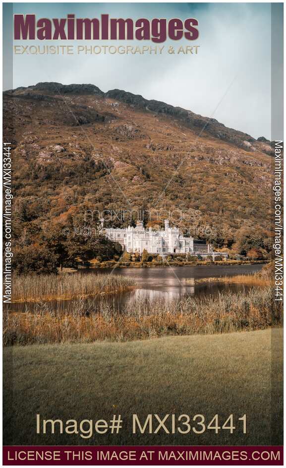 Kylemore Abbey in Connemara, Ireland in mountain landscape scenery