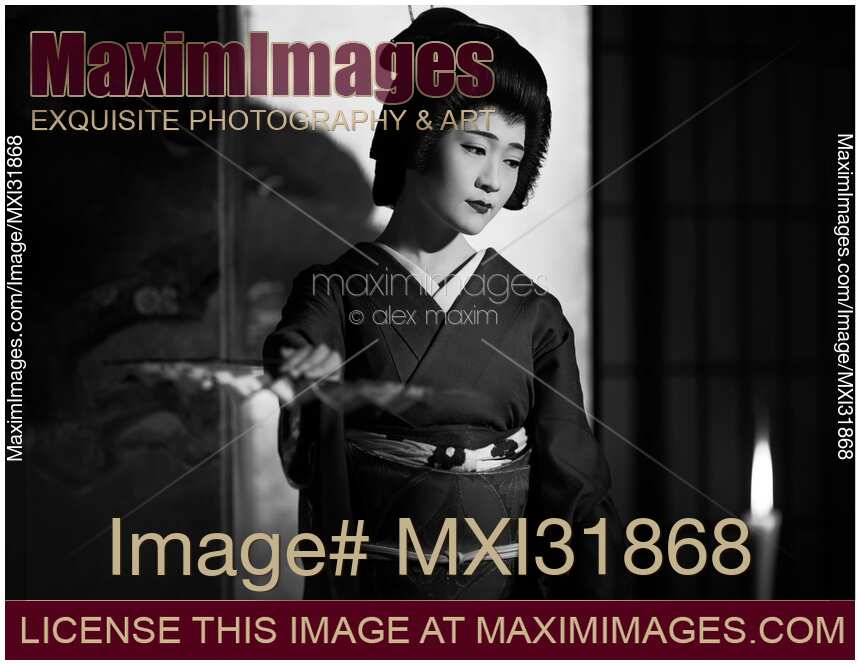 Kyoto Geiko Japanese Geisha dance with hand fans Black and white