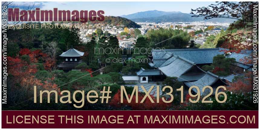 Kyoto landscape aerial city scenery Jisho-ji Ginkaku-ji Temple of the Silver Pavilion rooftops in autumn