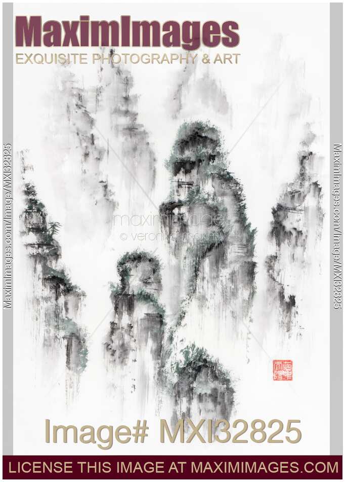 Landscape scenery of floating misty mountains Beautiful sumi-e Zen painting