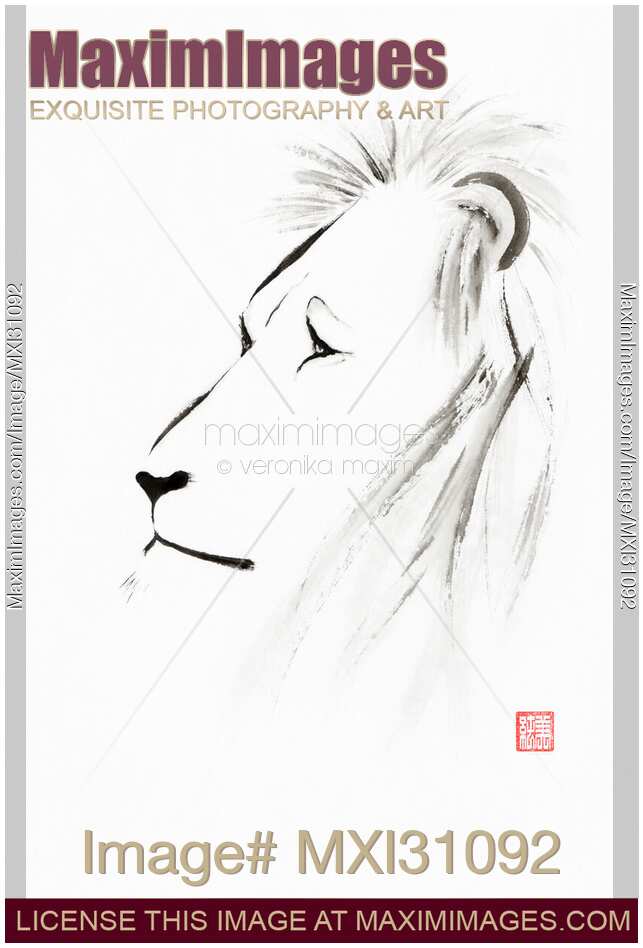 Lion face with a deep wise gaze Japanese Sumi-e illustration