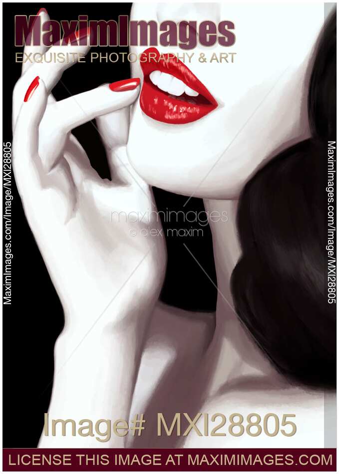 Lips with red lipstick and fingers with red nail polish Woman face illustration