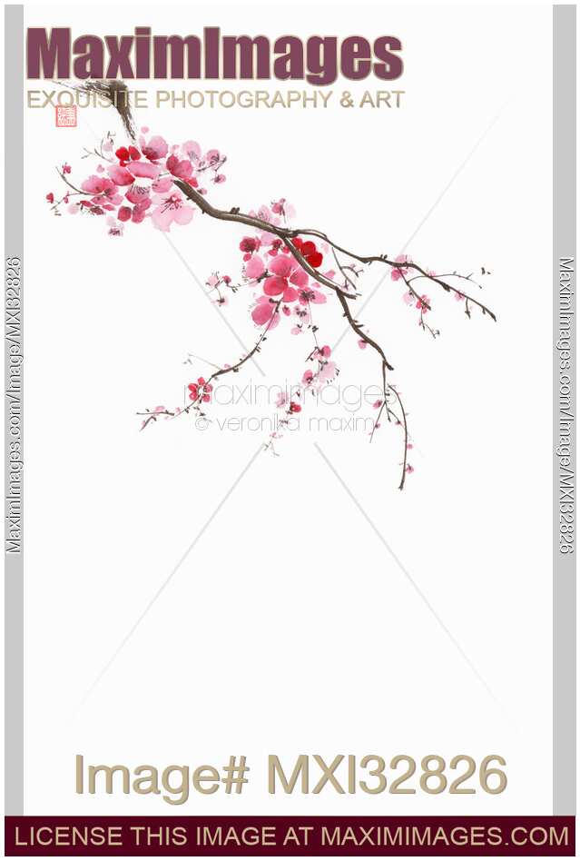 Little blossoming sakura branch with delicate purple pink flowers Oriental Zen style sumi-e artwork