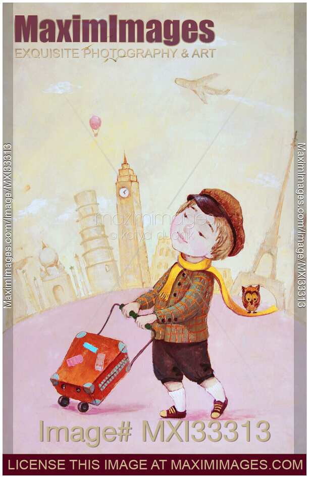 Little boy with a suitcase traveling on hi journey around the world