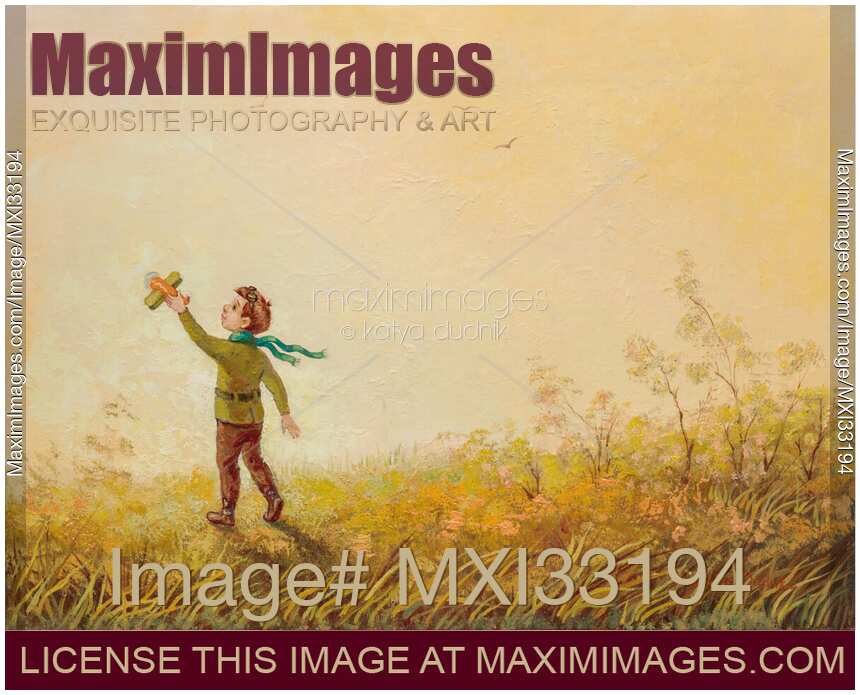 Little boy with a toy airplane in his hand playing outside in the nature oil painting